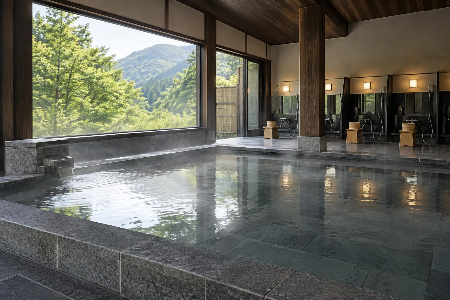 山の緑を望む大浴場