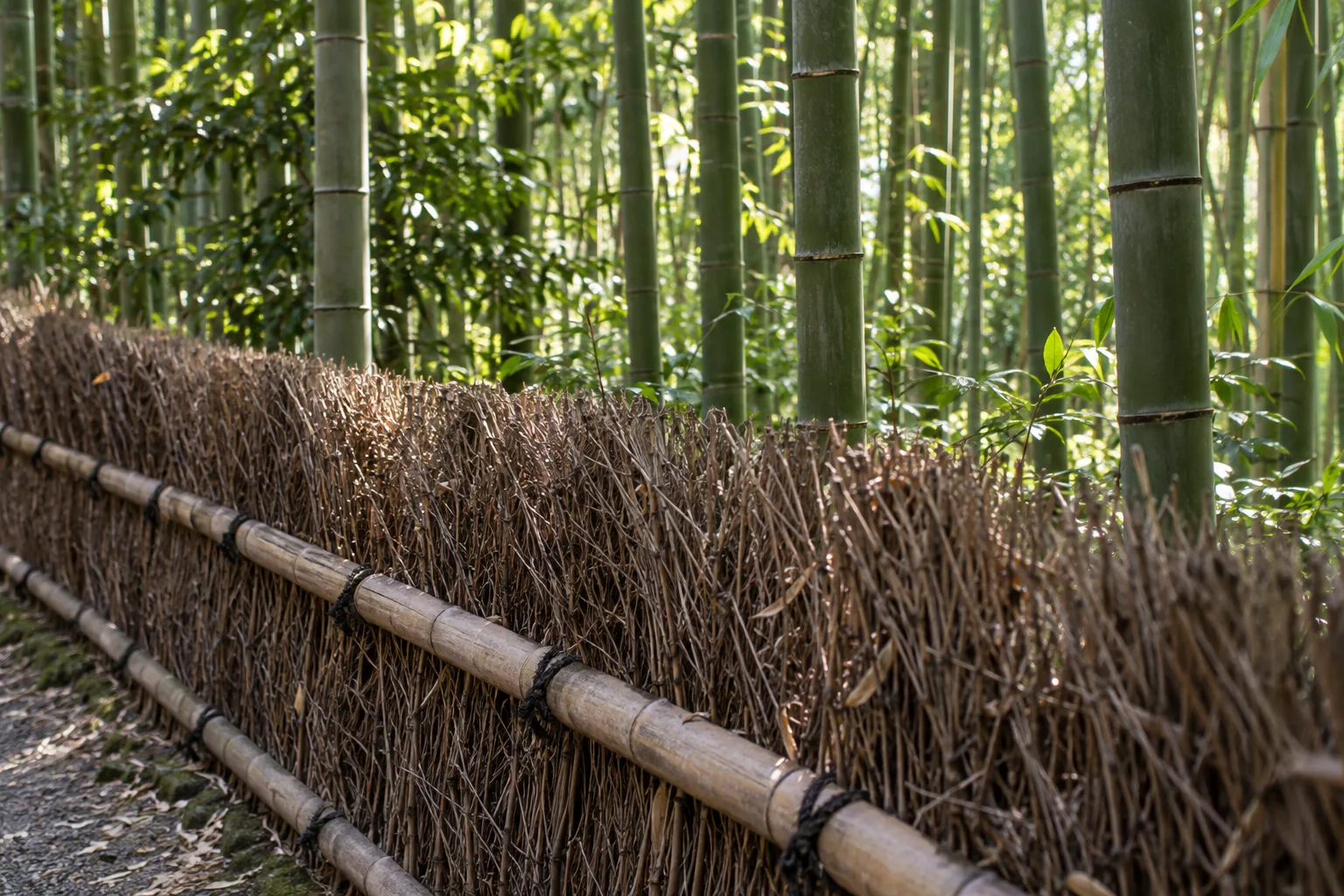 嵐山の竹林の小径に沿う竹穂垣と、その奥の竹の幹に差す光