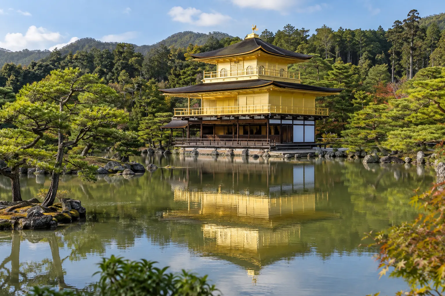 鏡湖池に映る金閣寺の三層の金閣と、松や岩のある庭園