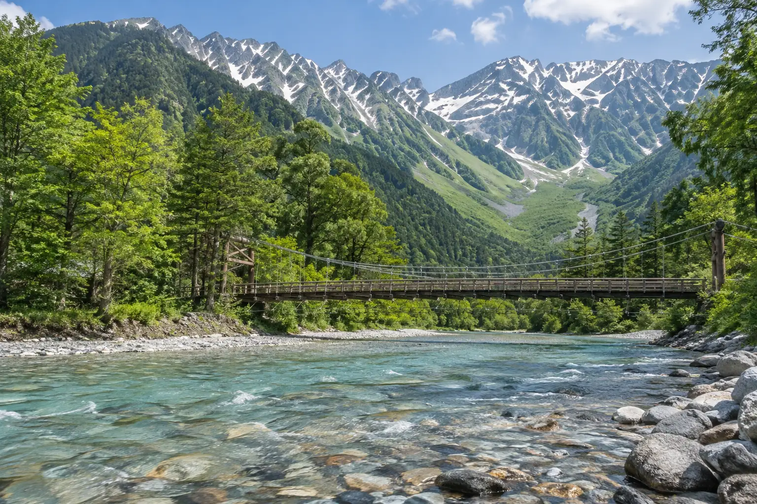 上高地の澄んだ梓川と河童橋、その奥にそびえる穂高連峰