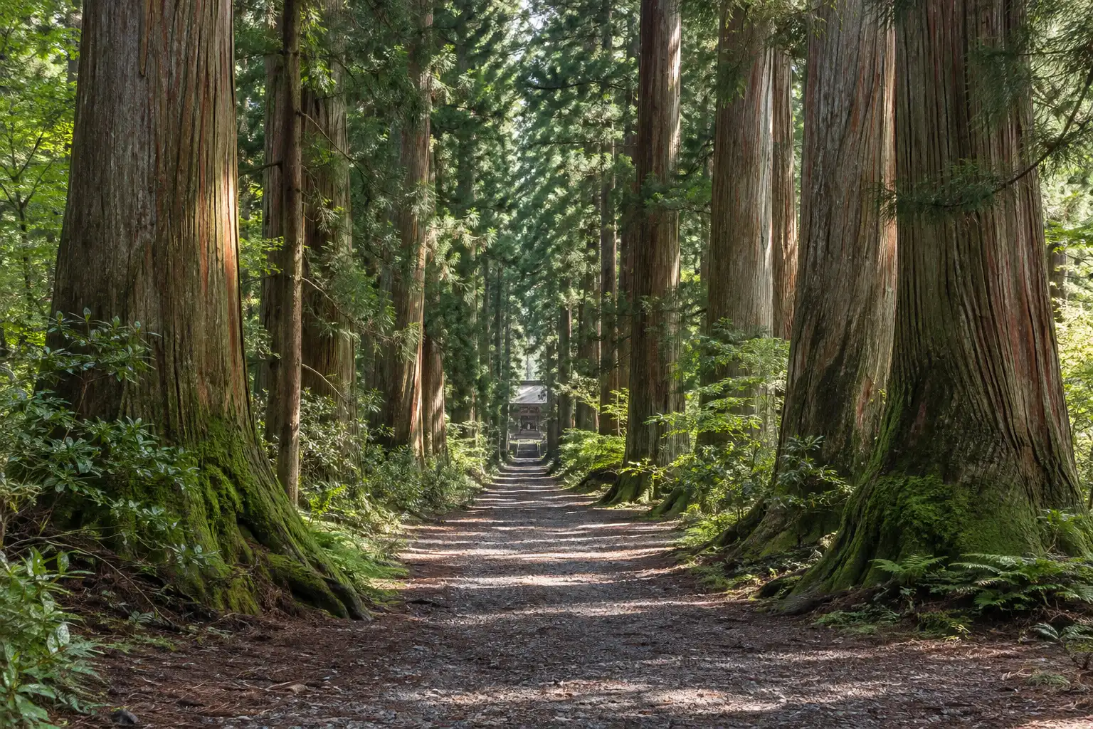 戸隠神社の奥社参道で、苔をまとった杉の巨木が道の両側に続く景色
