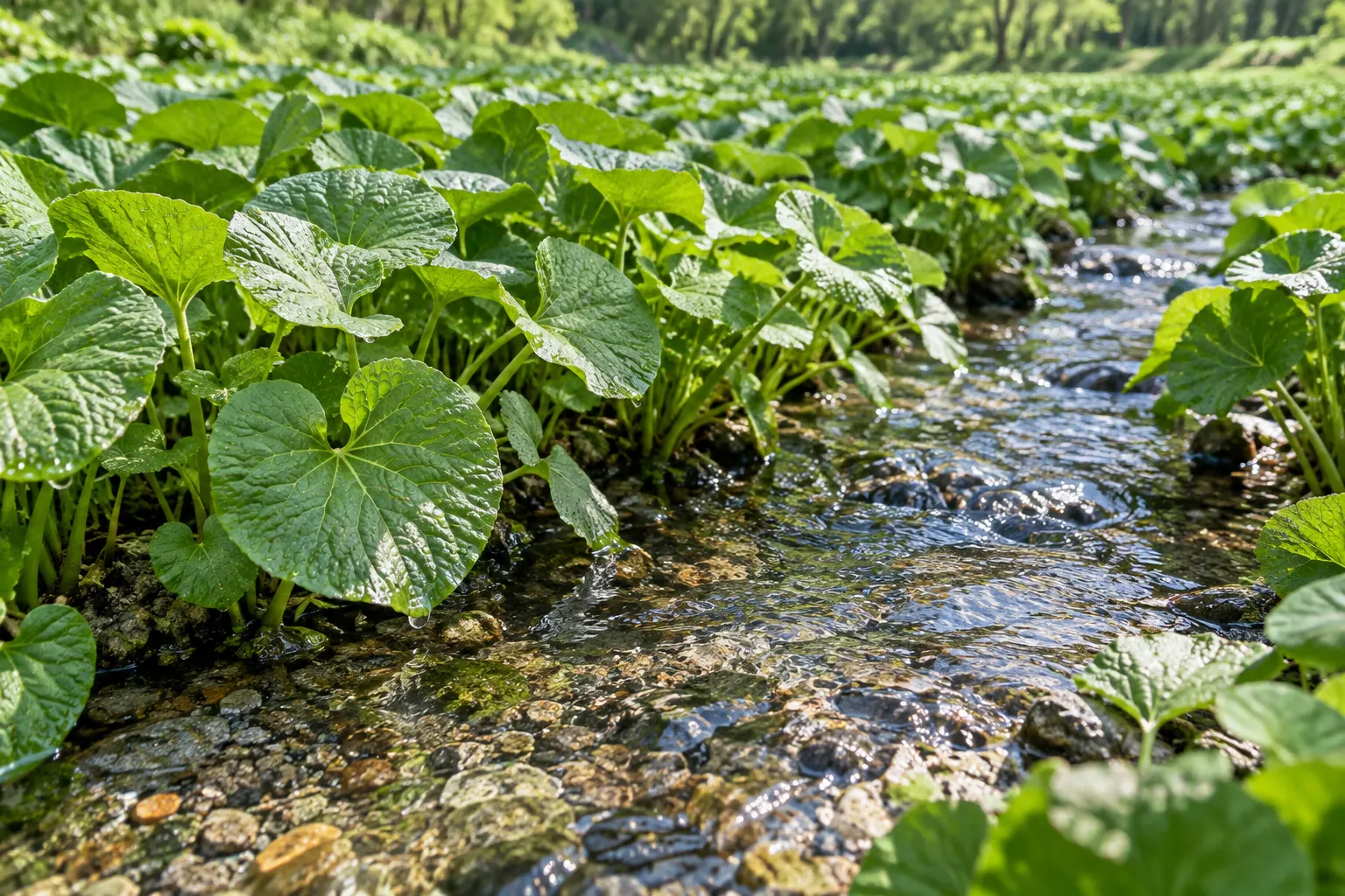 大王わさび農場のわさびの葉と、その間を流れる澄んだ湧き水