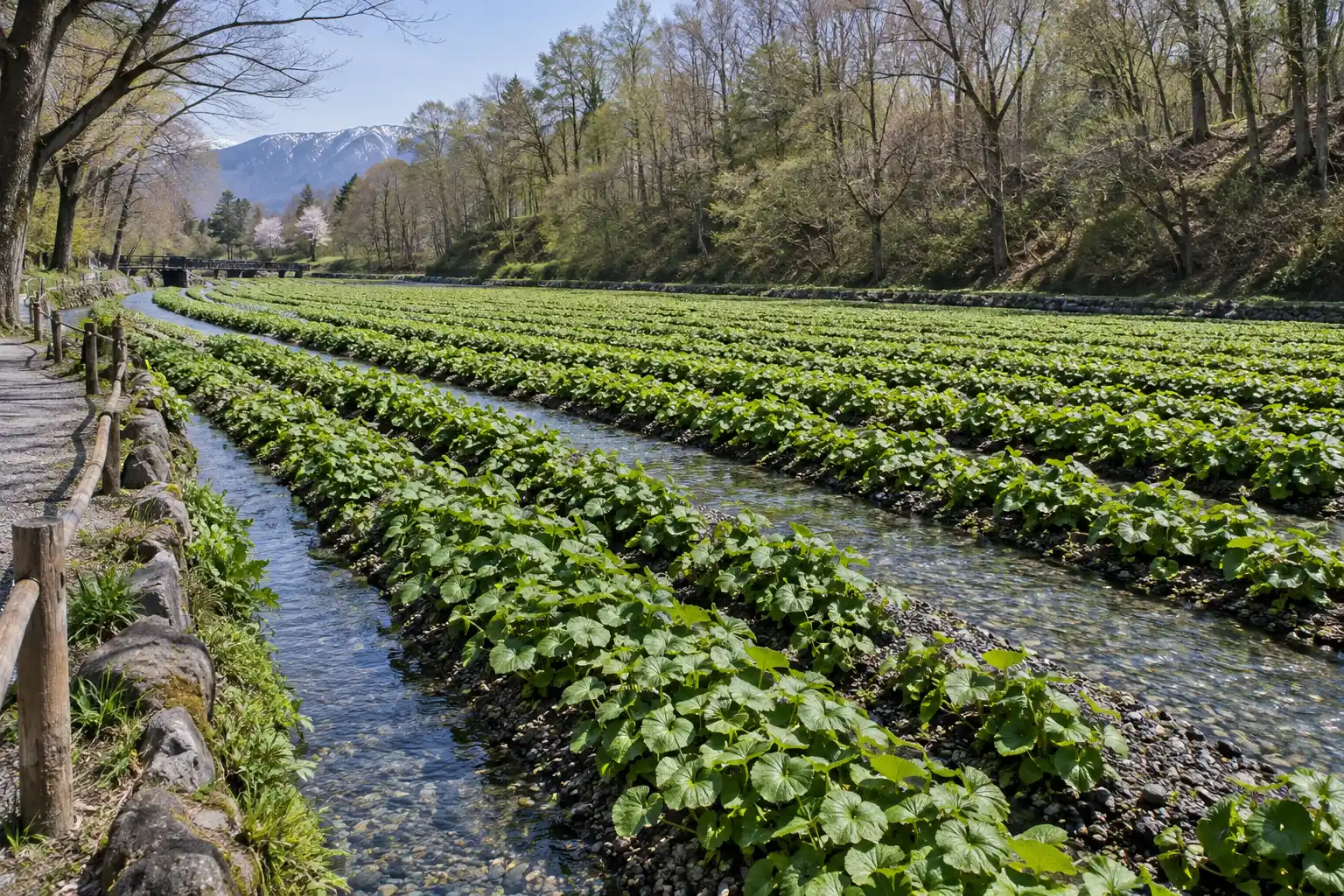 大王わさび農場の整然と続くわさび田と、緑の葉の間を流れる澄んだ水路